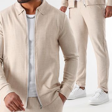 LBO - 2036 Set pantaloni chino e giacca con zip beige testurizzati