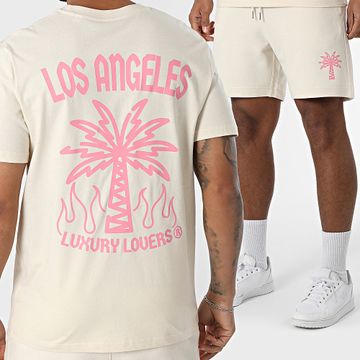 Luxury Lovers - Set di maglietta e pantaloncini da jogging Palm LA beige e rosa