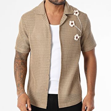 Frilivin - Camicia a maniche corte in rete cammello con fiori 107
