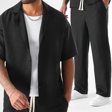 LBO - Set camicia a maniche corte e pantaloni larghi effetto lino 2058 nero