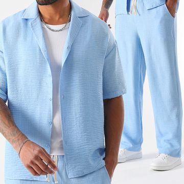 LBO - Set camicia a maniche corte e pantaloni larghi effetto lino 2059 Azzurro