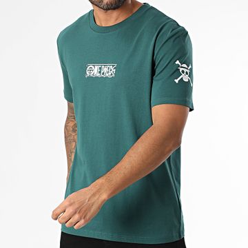 One Piece - Tee Shirt Oversize Grande Anteriore E Manica Verde Bottiglia Bianco