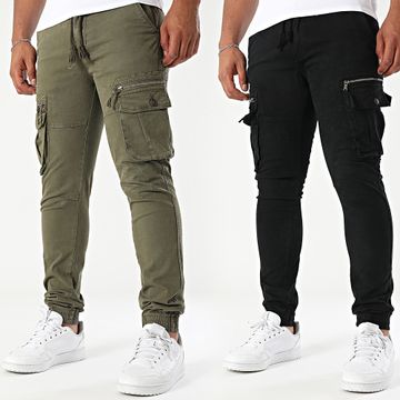 John H - Set di 2 pantaloni cargo nero verde kaki 01