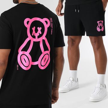 Teddy Yacht Club - Set di maglietta e pantaloncini da jogging Fat Outline nero rosa fluo