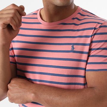 Polo Ralph Lauren - Camicia Tee A Rayure Custom Slim Original Player Rose Bleu Marine