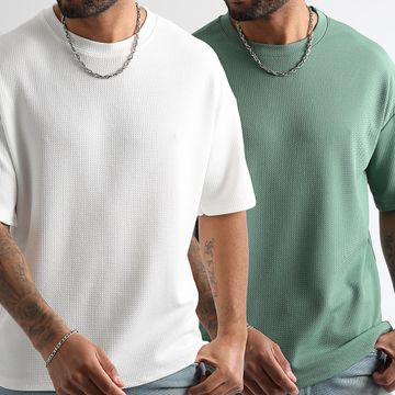 LBO - Set di 2 magliette testurizzate Waffle Large 2108 Bianco Verde Chiaro