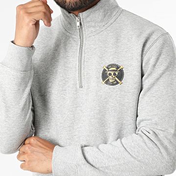 One Piece - Felpa con scollo a cerniera Badge Logo Heather Grey Gold