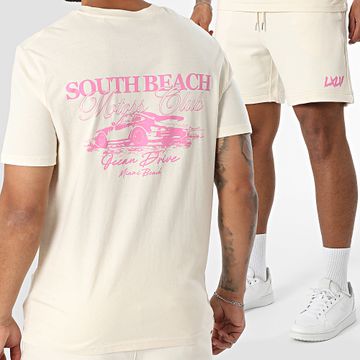 Luxury Lovers - South Beach Motors Club Set di magliette e pantaloncini da jogging beige e rosa