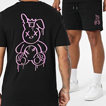 Sale Môme Paris - Set di maglietta e pantaloncini da jogging King Rabbit nero rosa fluo