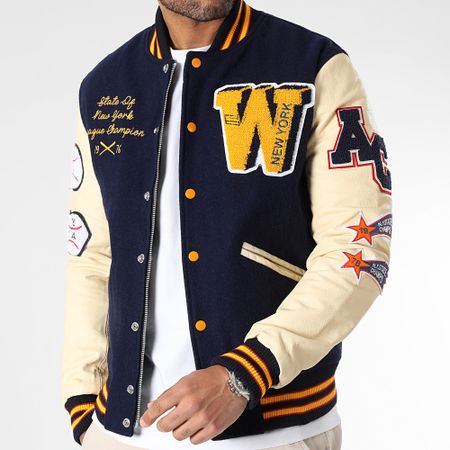 American College - Giacca Teddy Varsity in pelle blu navy beige
