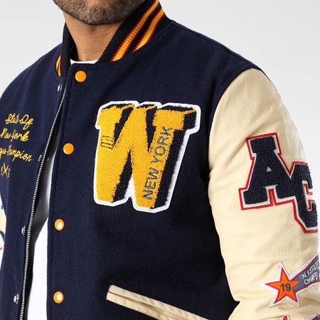 American College - Giacca Teddy Varsity in pelle blu navy beige