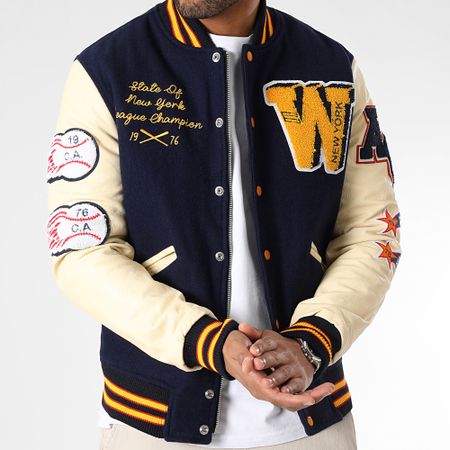 American College - Giacca Teddy Varsity in pelle blu navy beige