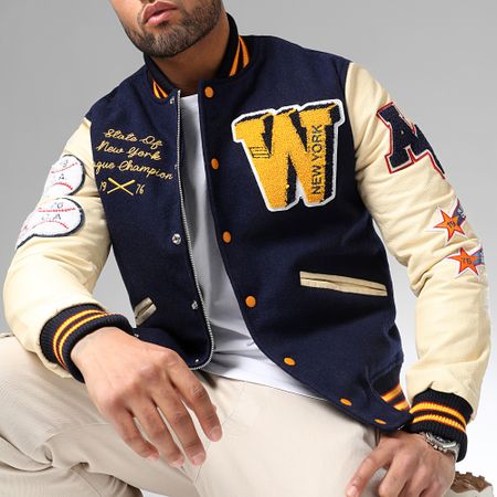 American College - Giacca Teddy Varsity in pelle blu navy beige