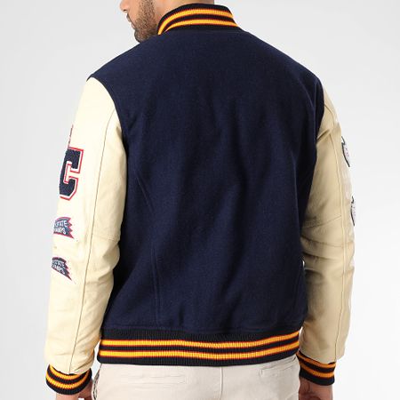 American College - Giacca Teddy Varsity in pelle blu navy beige