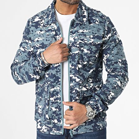 John H - Giacca con zip mimetica blu navy