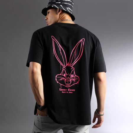Looney Tunes - Tee Shirt Oversize Large Angry Bugs Bunny Nero Rosa Fluo