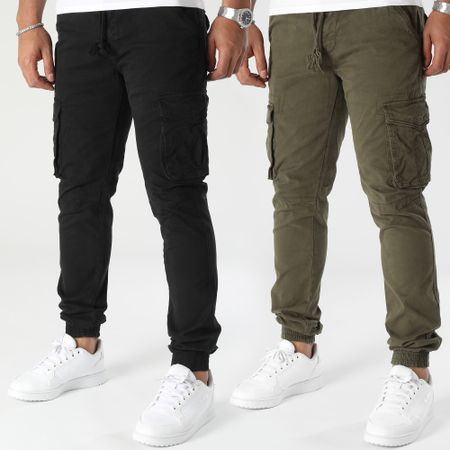 John H - Set di 2 pantaloni cargo nero verde kaki