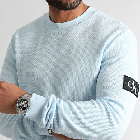 Calvin Klein - Felpa girocollo Monogram Badge Waffle 3485 Azzurro