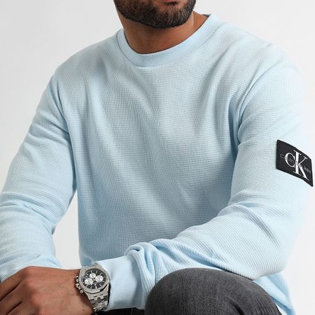 Calvin Klein - Felpa girocollo Monogram Badge Waffle 3485 Azzurro
