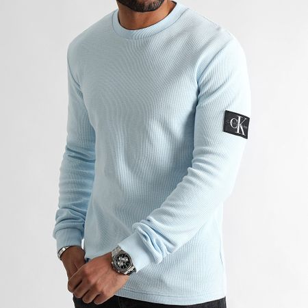 Calvin Klein - Felpa girocollo Monogram Badge Waffle 3485 Azzurro