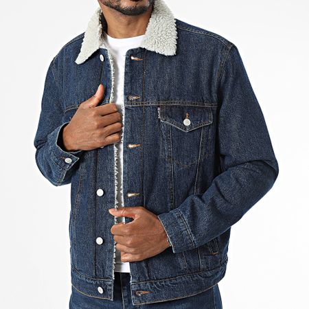 Schott NYC - Giacca jeans in denim blu con colletto in pelle di pecora Sherpa