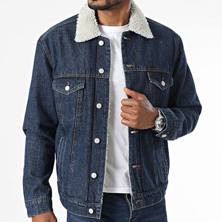 Schott NYC - Giacca jeans in denim blu con colletto in pelle di pecora Sherpa