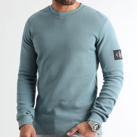 Calvin Klein - Felpa girocollo Monogram Badge Waffle 3485 Azzurro
