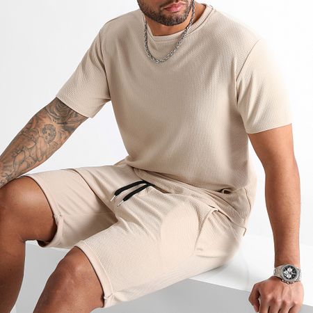 LBO - Maglietta oversize e set di pantaloncini da jogging testurizzati Waffle 0821 Beige chiaro