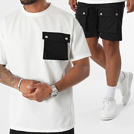 Frilivin - Set di maglietta con tasca oversize e pantaloncini cargo in bianco e nero