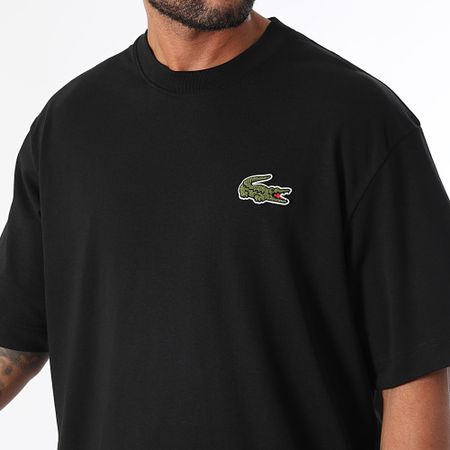 Lacoste - T-shirt oversize con logo grande ricamato in coccodrillo, nero