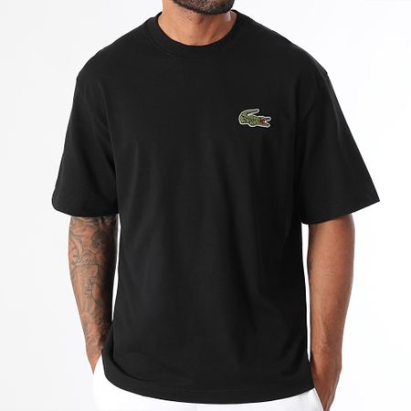 Lacoste - T-shirt oversize con logo grande ricamato in coccodrillo, nero