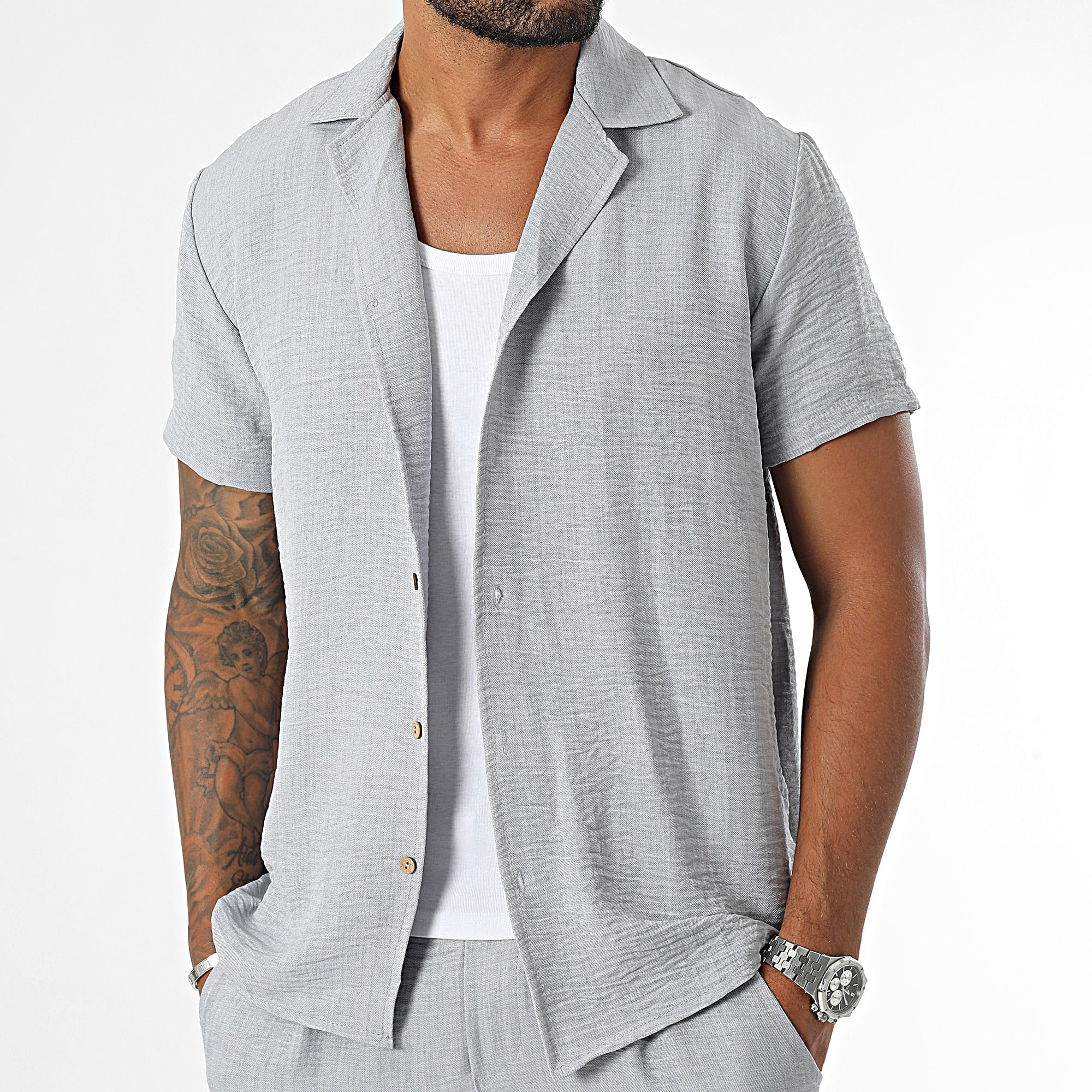 Frilivin - Set camicia a maniche corte e pantaloni da jogging grigio chiaro