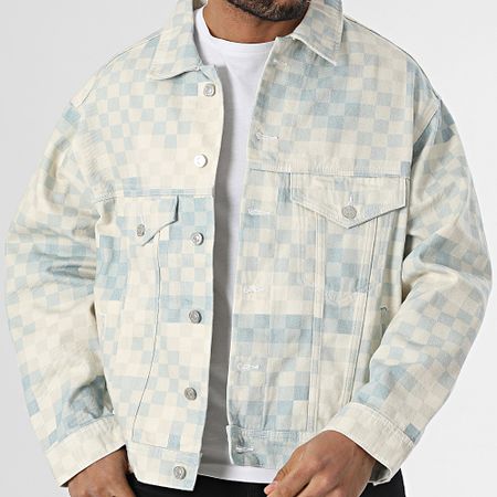 2Y Premium - Giacca di jeans beige a quadri blu chiaro