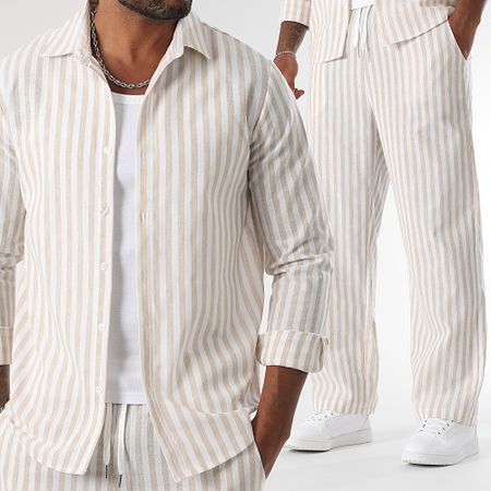 LBO - Set camicia a maniche lunghe e pantaloni a righe larghe 1767 Beige Bianco