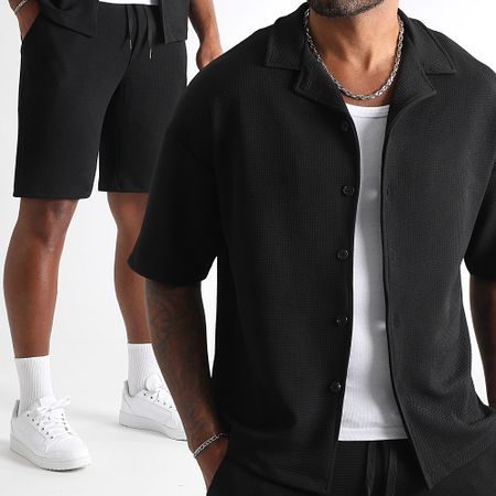 LBO - Set di camicia a maniche corte e pantaloncini da jogging neri con struttura Waffle 1828 rilassata