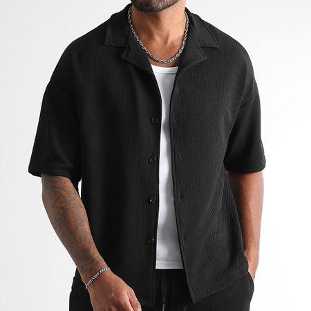 LBO - Set di camicia a maniche corte e pantaloncini da jogging neri con struttura Waffle 1828 rilassata