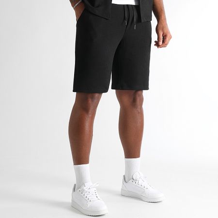 LBO - Set di camicia a maniche corte e pantaloncini da jogging neri con struttura Waffle 1828 rilassata