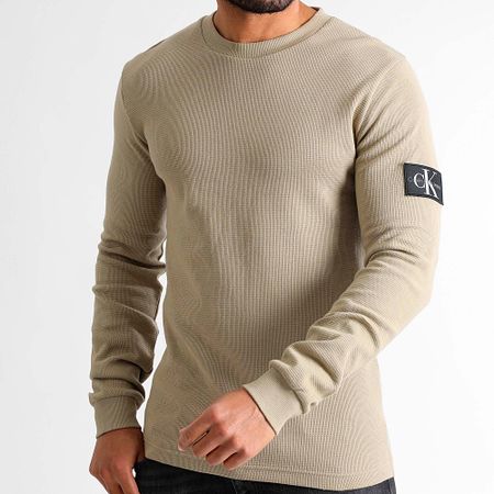 Calvin Klein - Felpa girocollo Monogram Badge Waffle 3485 Beige