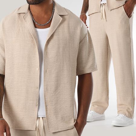 LBO - Camicia a maniche corte e set di pantaloni larghi effetto lino 1872 Beige
