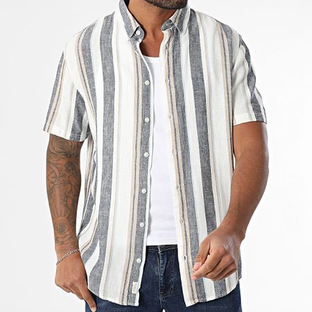 Blend - Camicia a maniche corte in lino a righe 20717864 Bianco Beige Blu Navy