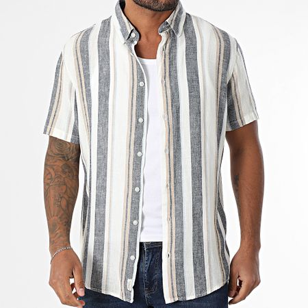 Blend - Camicia a maniche corte in lino a righe 20717864 Bianco Beige Blu Navy