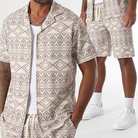LBO - 1881 Set camicia e pantaloncini a maniche corte con stampa etnica beige e marrone