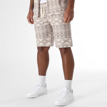 LBO - 1881 Set camicia e pantaloncini a maniche corte con stampa etnica beige e marrone