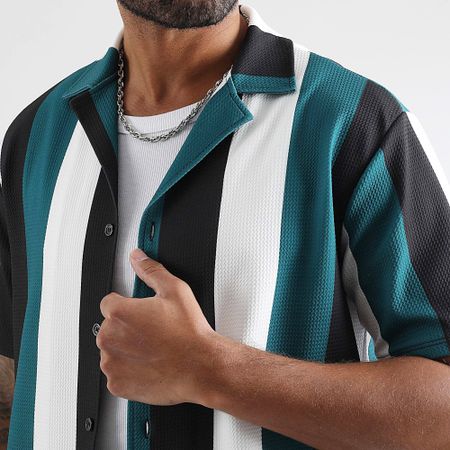 LBO - 1920 Camicia a maniche corte a righe stampate Verde bottiglia Bianco Nero