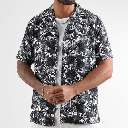 LBO - 1923 Camicia a maniche corte con stampa tropicale in bianco e nero grigio
