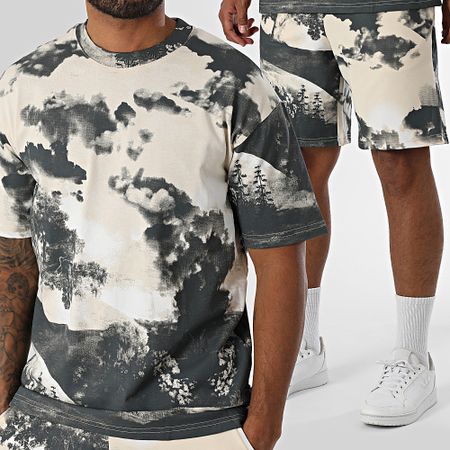 Ikao - Set di maglietta e pantaloncini da jogging beige e grigio antracite 098