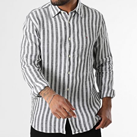 Tommy Hilfiger - Camicia in lino a maniche lunghe dal taglio regolare Camicia in lino a strisce del Bengala 9456 bianco nero