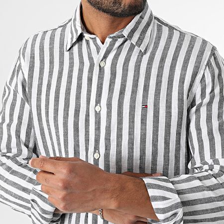 Tommy Hilfiger - Camicia in lino a maniche lunghe dal taglio regolare Camicia in lino a strisce del Bengala 9456 bianco nero