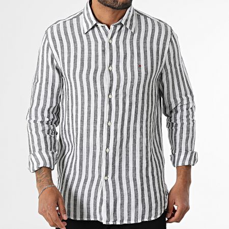 Tommy Hilfiger - Camicia in lino a maniche lunghe dal taglio regolare Camicia in lino a strisce del Bengala 9456 bianco nero